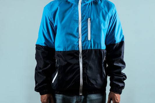 Men's Blue and Black Color-Block Zipped Jacket with Reflective Stripes