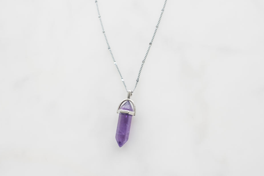 Purple Amethyst Crystal Point Gemstone Necklace with Silver Metal Cap and Chain Pendant